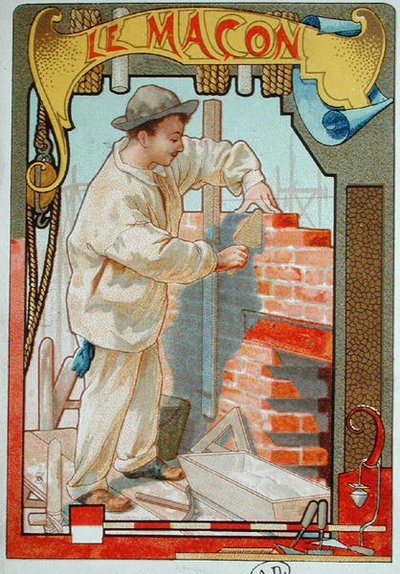 Zedník, ilustrace z knihy o řemeslech. c.1899 (barevné lito) od French School