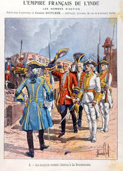 Britové vzdávají Madras francouzskému veliteli Mahe de la Bourdonnais 21. září 1746, obálka školního sešitu, kolem roku 1900 od French School