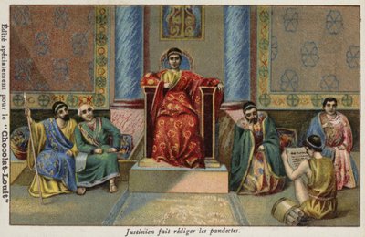 Byzantský císař Justinián I. diktující Pandekty, 6. století od French School