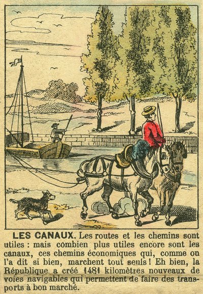 Kanály, ilustrující přínosy Třetí republiky při výstavbě kanálů pro ekonomiku země. Rytina, v „“Le Figaro, příloha““, 30. 3. 1889, Paříž. od French School