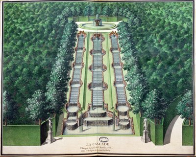 Kaskáda, upravená na konci roku 1706, v háji na kopci, z Gardens of Marly, počátek 18. století (wc na papíře) od French School