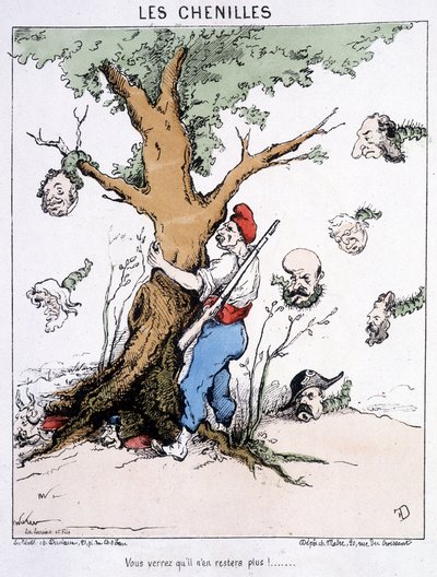 Housenky: „Uvidíš, že už jich nebude““ (muž s frygickou čepicí třese stromem, ze kterého padají housenky s velkými hlavami: Thiers atd.). Karikatura o obci. od French School