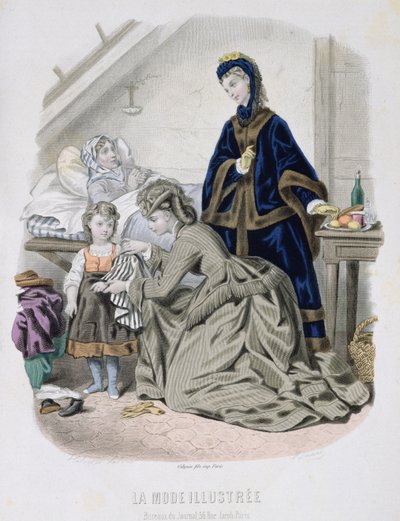 Charitativní návštěva, ilustrace z La Mode Illustree, kolem roku 1870 (barevná rytina) od French School