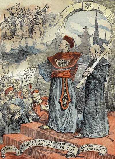 Čínský císař Guangxu (Kouang-siu nebo Kouang Siu) (1872-1908) oficiálně uznal katolickou církev a její hierarchii. Rytina v “” Le Pelerin”” 25/05/1899. od French School