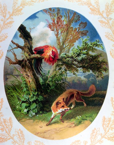 Kohout a liška, ilustrace podle bajky Jean de la Fontaine (1621-95) kolem 1860-80 od French School