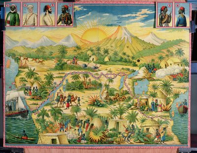 The Conquest of Africa, desková hra založená na cestách sira Henryho Mortona Stanleyho (1841-1904) a Davida Livingstonea (1813-73) (barevná rytina) od French School