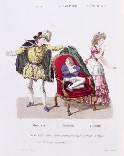 Hrabě objeví Cherubína, dějství 9, scéna 9 z Figarovy svatby od Pierra Augustina Caron de Beamarchais (1732-99) od French School