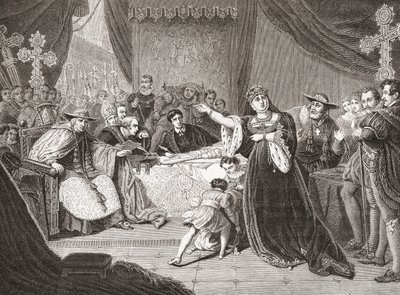 Soud pro proces s královnou Katharine od George Henryho Harlowa, zobrazující paní Siddonsovou jako královnu Katharine v Shakespearově Jindřichu VIII. Z Histoire des Peintres, École Anglaise, publikoval 1867 (litho) od French School