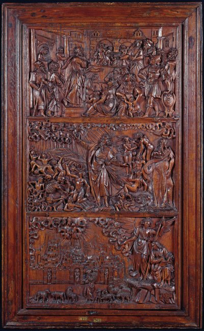 Krédo, Panel IV: Odpuštění hříchů, Ezechielova vize suchých kostí a St. Johns Vision of Jerusalem, 1587 (dřevo) (viz také 414036-8) od French School