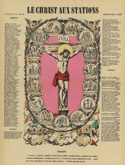 Ukřižování Ježíše a křížová cesta (barevná litografie) od French School