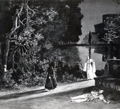 Smrt Pellease, dějství IV, scéna 4 Pelleas et Melisande od Debussyho, z fotografie první inscenace opery v Opeře-Comique v Paříži v dubnu 1902, ilustrace v Theater m od French School