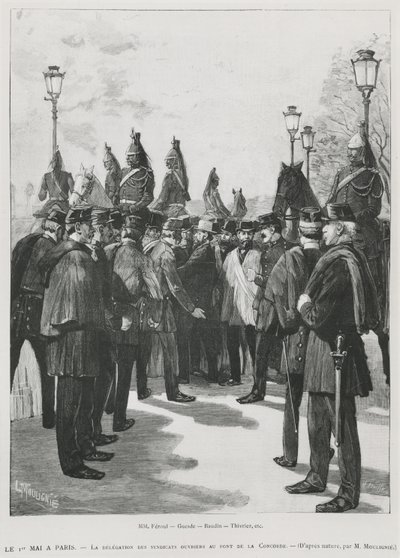 Delegace odborových svazů v Pont de la Concorde během demonstrace k 1. květnu v Paříži, 1. května 1890, rytina L. Moulignie, rytina) od French School