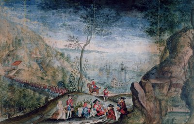Vylodění 50 vojáků ze švýcarského pluku Karrer v Louisbourgu na ostrově Cap-Breton v letech 1722-33 (wc na papíře) od French School