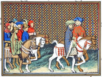Vévodové z Exeteru a Surrey poslaní Richardem II. z hradu Conway do Chesteru, aby se pobavili s vévodou z Lancasteru, faksimile kopie z Le Prinse et Mort du Roy Richart od Jean Creton, přetištěno 19. od French School