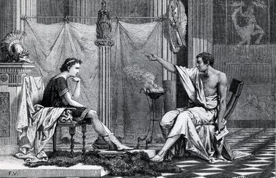 Výchova Alexandra Velikého (356-323 př. n. l.) od Aristotela (384-322 př. n. l.) z knihy L. Figuiera od French School