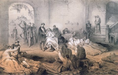 Císař Napoleon III na návštěvě zraněných vojáků po bitvě u Solferina, 24. června 1859 od French School