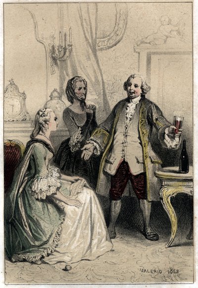 Anglický komik David Garrick (1717-1779), převlečený za trenéra, vtrhl do vévodkyně, která po něm toužila, aby se ji pokusil odůvodnit a přesvědčit o absurditě její lásky k němu. “” rytina ve dvou sh od French School