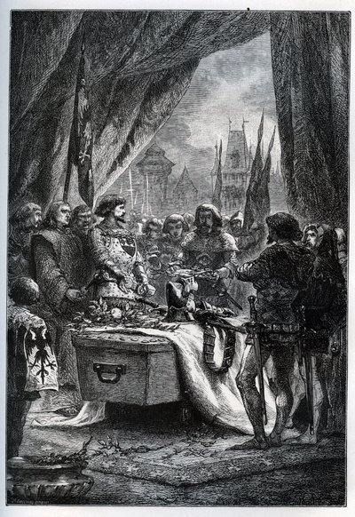 Anglický guvernér Chateauneuf de Randon (Chateauneuf-de-Randon, Auvergne) se vzdal a přišel 13. července 1380 položit klíče od náměstí na rakev Bertranda du Guesclin (1320-1380), před nímž bylo město obléhání. Připojitelná kostka od French School