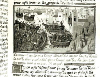 První útok na Tyre, z Histoire du Grand Alexandre 1460 od French School
