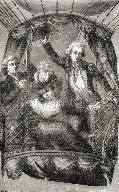 První výstup balónem v Anglii, 15. září 1784, z knihy „Nádherné výstupy balónem nebo dobytí nebes“ od Fulgence Marion, publikované kolem roku 1870 (litho) od French School
