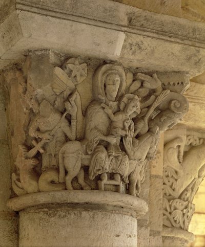 Útěk do Egypta, sloupový reliéf z kostela benediktinského opatství, 13. století od French School
