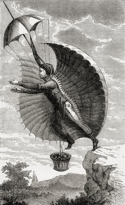 Létající muž, vyrytý podle Nicolase Edme Restifa de la Bretonne, z knihy „Nádherné výstupy balónem nebo dobytí nebes“, od Fulgence Marion, publikované kolem roku 1870 od French School