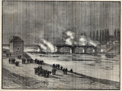 Francouzsko-pruská válka - Obrana Paříže - spálení mostu Asnieres - Požár mostu Asnieres během obléhání (obrany) Paříže Rytina do ""Les combatants de 1870-71"" od velitele Leonce Rousseta (1850- 1938) - Francouzská pruská válka - ( od French School