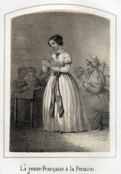 Francouzka čte svým spolužákům. Anonymní rytina 19. století od French School