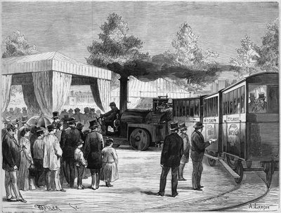 Francouzský vynálezce Larmanjat řídil jednu ze svých „tramvajů“ během eseje provedené na Trocadero v Paříži 8. od French School