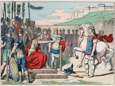 Galský kuchař Vercingetorix (80-46 př. n. l.) odcházející k Julesi Cesarovi (100-44 př. n. l.) do Alesie v roce 52 př. n. l. - Vercingetorix (72-46 př. n. l.) galský vůdce, vzdávající se Caesarovi v Alesii (Francie) - rytina konce r. 19. století v „“ Nos G od French School