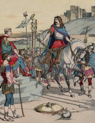 Galský náčelník Vercingetorix (72-46 př. n. l.) vzdávající se římskému náčelníkovi Juliu Caesarovi (100-44 př. n. l.) po bitvě u Alesie v roce 52 př. Kr. - "" Galský vůdce Vercingetorix (72-46 př.nl) se po bitvě vzdává římskému náčelníkovi Julesu Cesarovi  od French School