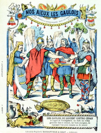 Galští vůdci v lize proti Juliu Caesarovi (100-44 př. n. l.) vedenému Vercingetorixem († 46 př. n. l.) z ochranného obalu na učebnice, konec 19. století od French School
