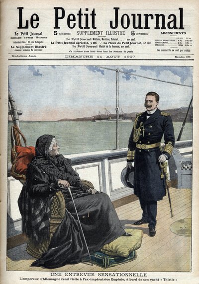 Německý císař Vilém II. (1859-1941) navštívil bývalou císařskou Eugenii (1826-1920) na palubě své jachty „Bodláček“, „Le petit journal“ le 11. srpna 1907 (rytina) od French School