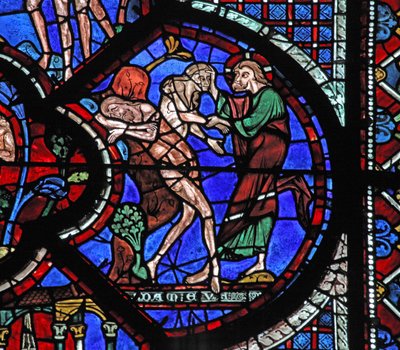 Okno milosrdného Samaritána: Bůh stvořil ženu ze žebra spícího Adama (w44) od French School