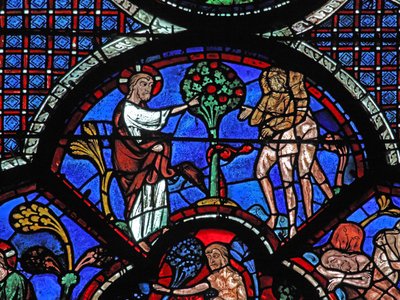 Okno dobrého Samaritána: Bůh zakazuje Adamovi a Evě jíst ovoce stromu (w44) od French School
