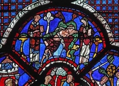 Okno milosrdného Samaritána: kolem procházejí kněz a Levi (w44) od French School