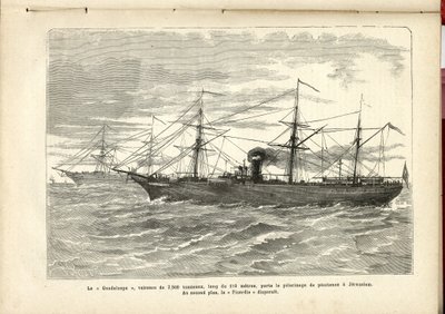 „Guadeloupe“, plavidlo o hmotnosti 2 500 tun, je 110 metrů dlouhé a nese kajícnou pouť do Jeruzaléma., Anonym, The Pilgrim od French School