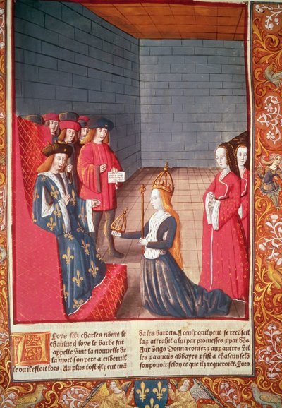 Císařovna Svaté říše římské Richilde z Provence v Compiegne předává Ludvíku Stammererovi korunu a žezlo, které patřily jeho otci Karlu II. „Plohlavému“, z „Chroniques de France“, tisk A. Verard od French School