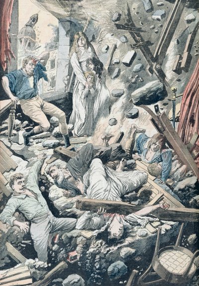 Hrozné následky strašného zemětřesení v San Franciscu, ilustrace z 