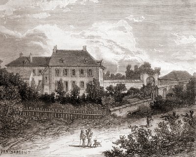 Dům v Gras u Chalon-sur-Saône ve Francii, kde francouzský vynálezce Nicéphore Niépce vyvinul heliografii, z knihy Les Merveilles de la Science, vydané kolem roku 1870 (rytina). od French School