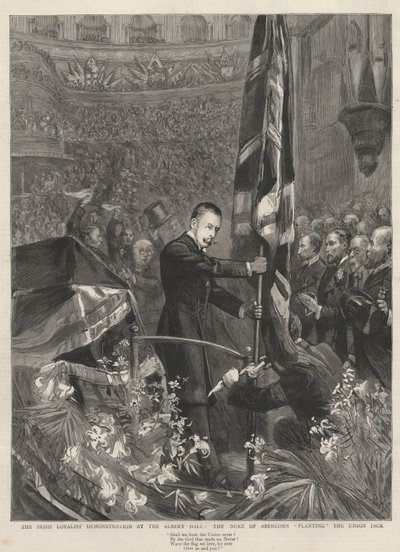 Demonstrace irských loajálních členů v Albert Hall, Londýn, 1893: vévoda z Abercornu (James Hamilton) (1811-1885) zasadil Union Jack. od French School