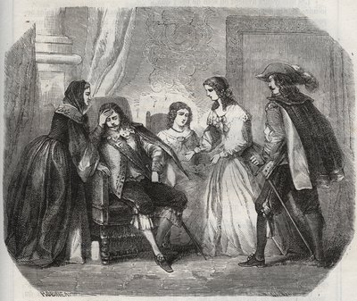 Francouzský král Ludvík XIII. (1601-1643) trpí migrénou, když mluví s královnou Annou Rakouskou (1601-1666). Rytina z roku 1871 v „Histoire Des Cocus Celebres““ od Henryho de Kocka (1819-1892). od French School