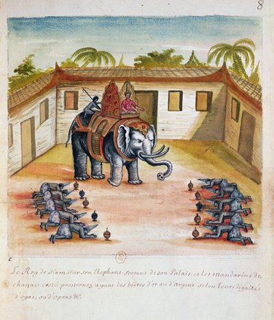 Král Siamu na svém slonovi, z popisu jezuitů v Siamu, 1688 (wc na papíře) od French School