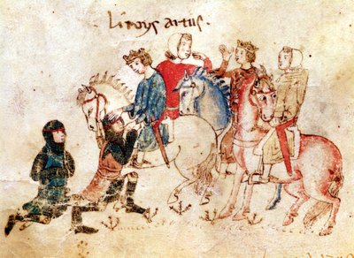 Rytíři Esclabor a Arphasar nabízejí své služby králi Artušovi, z římského de Meliadus od French School