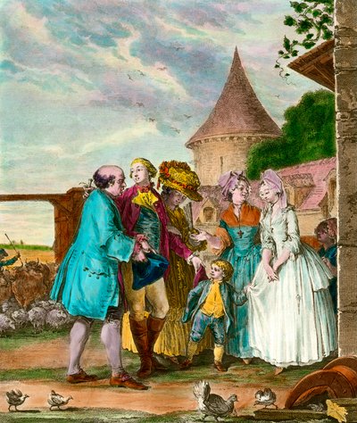 Pán a jeho farmář. 18. století rytina. Soukromá sbírka. od French School