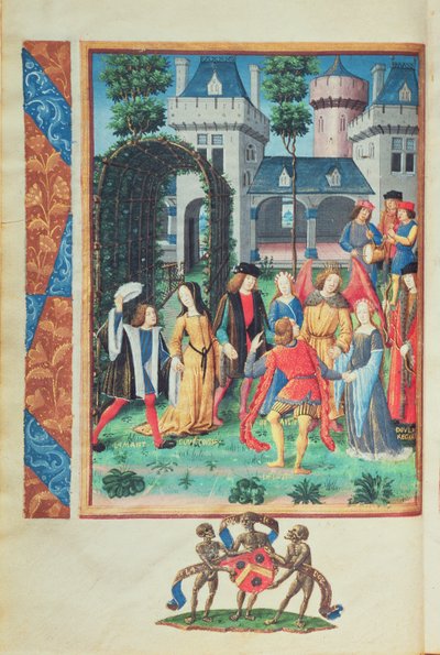 Kouzelná zahrada s alegorickými postavami Zdvořilosti, Lásky, Krásy a Liberality z románu Roman de la Rose (kvaš na pergamenu) od French School