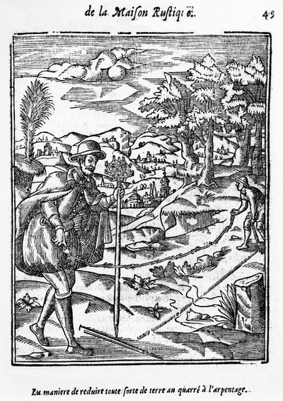 Způsob, kterým lze zmenšit jakýkoli druh pozemku na Zeměměřické náměstí, ilustrace z LAgriculture et Maison Rustique od Charlese Estienna, vydání z roku 1641 od French School