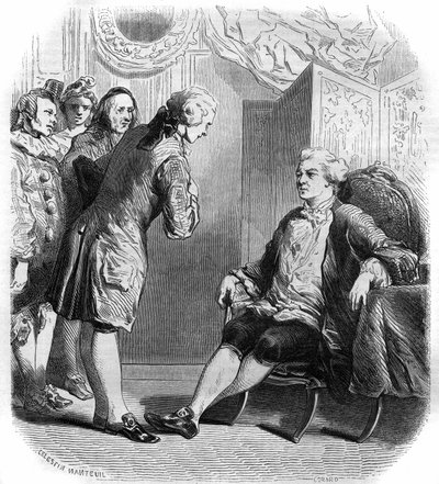 Markýz de Puysieulx přijímá Philippe Nericault Destouches (1680-1754) a jeho skupinu kočujících komiků. Rytina z let 1858-1859. od French School