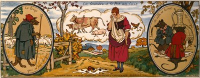 Mlékařka a konvička na mléko z "Bajky" Jeana de La Fontaine (1621-95), obchodní karta švýcarské čokolády "Peter, Cailler, Kohler" (barevná litografie) od French School