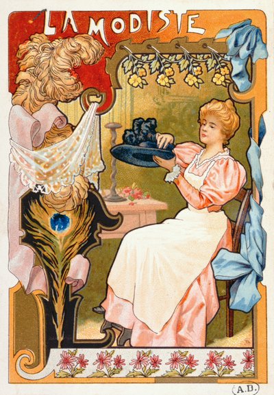 The Milliner, ze série litografií zobrazujících různá řemesla, 1899 od French School